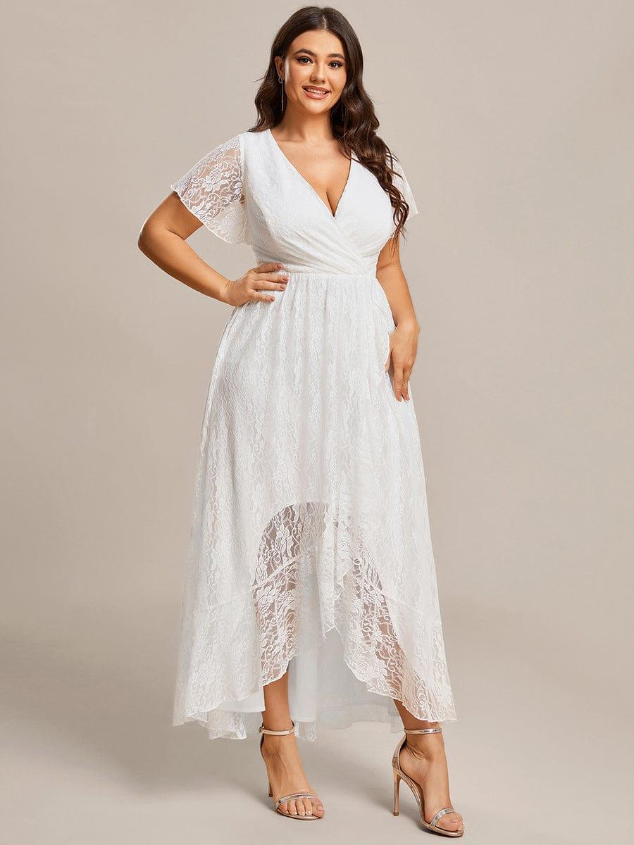 ever ELISE|V-Neck Short Sleeve Pleated Ruffled Lace Wedding Guest Dress