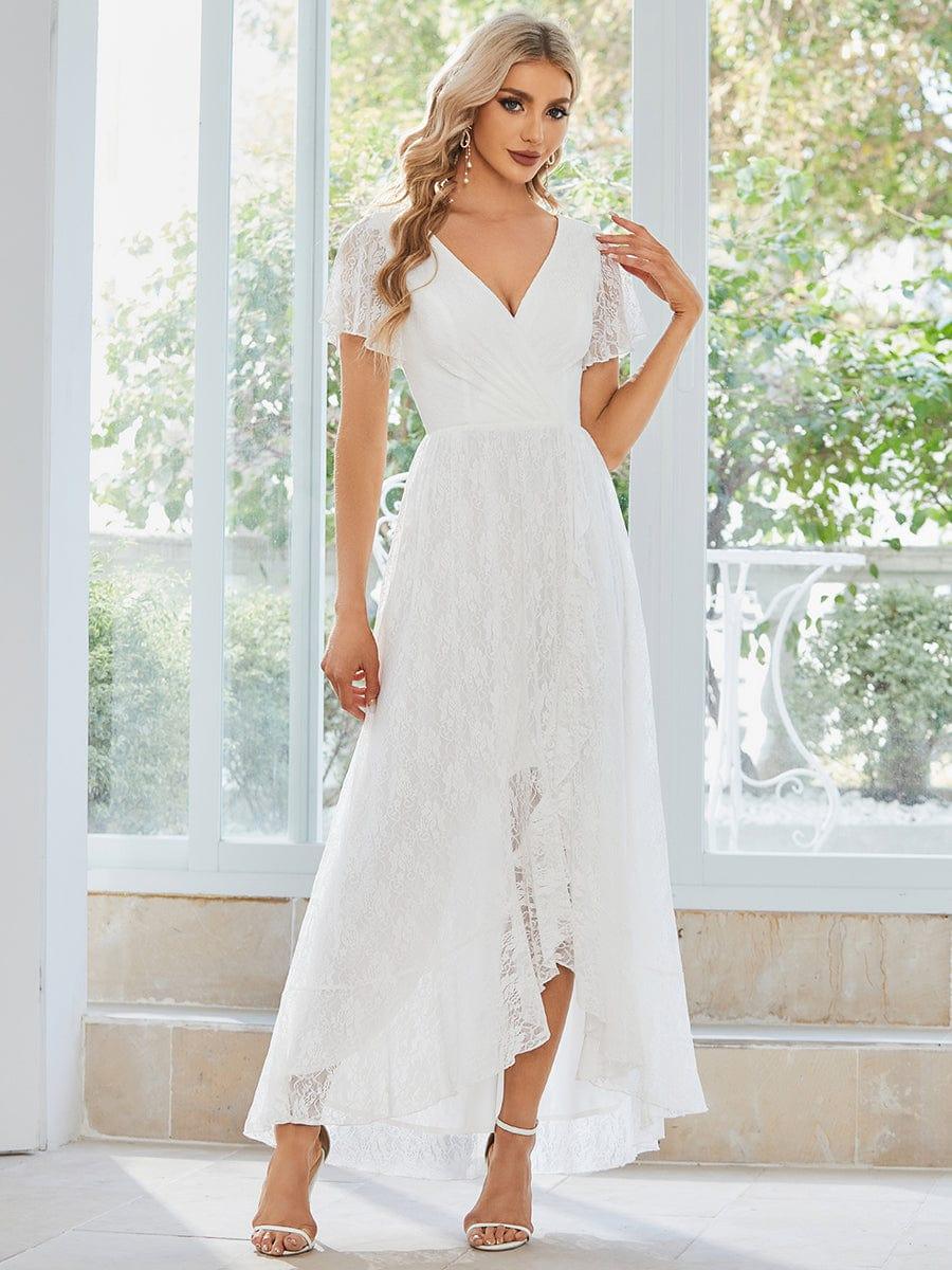 ever ELISE|V-Neck Short Sleeve Pleated Ruffled Lace Wedding Guest Dress