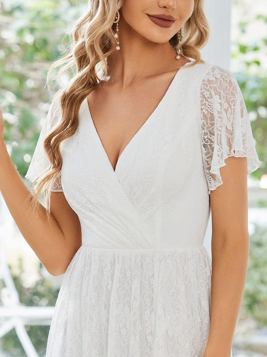 ever ELISE|V-Neck Short Sleeve Pleated Ruffled Lace Wedding Guest Dress