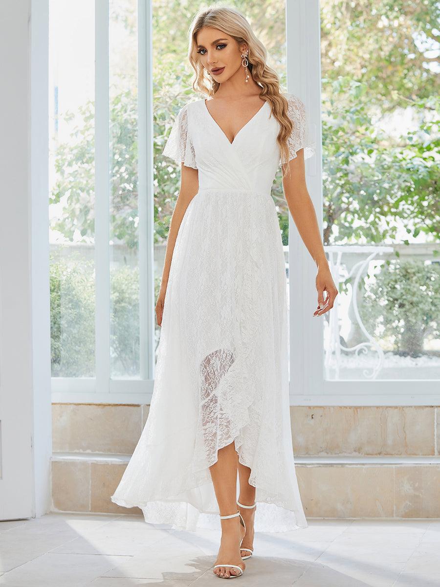 ever ELISE|V-Neck Short Sleeve Pleated Ruffled Lace Wedding Guest Dress