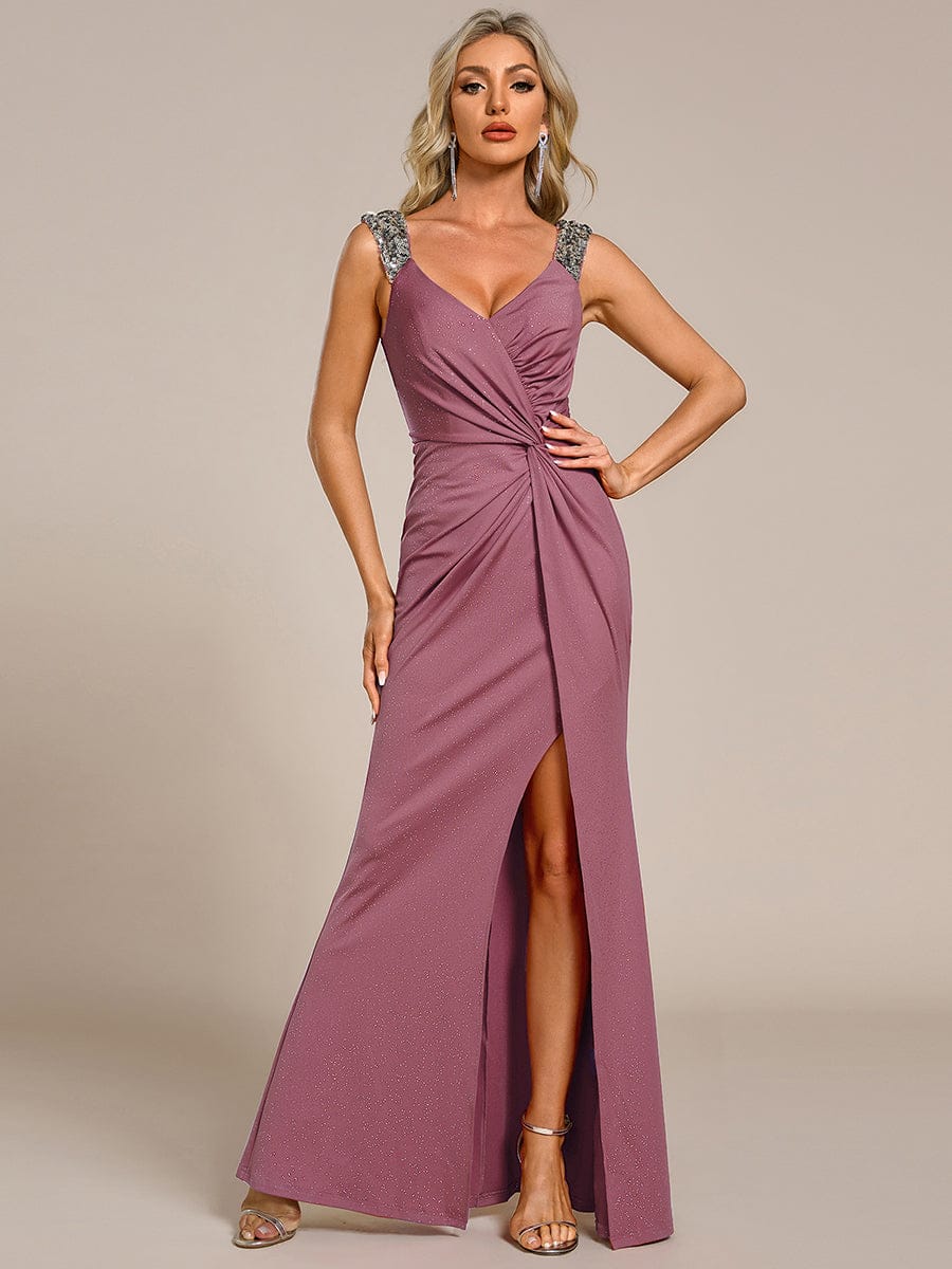 ever NOIRE|Elegant Sequin V Neck High Slit Wedding Guest Dress