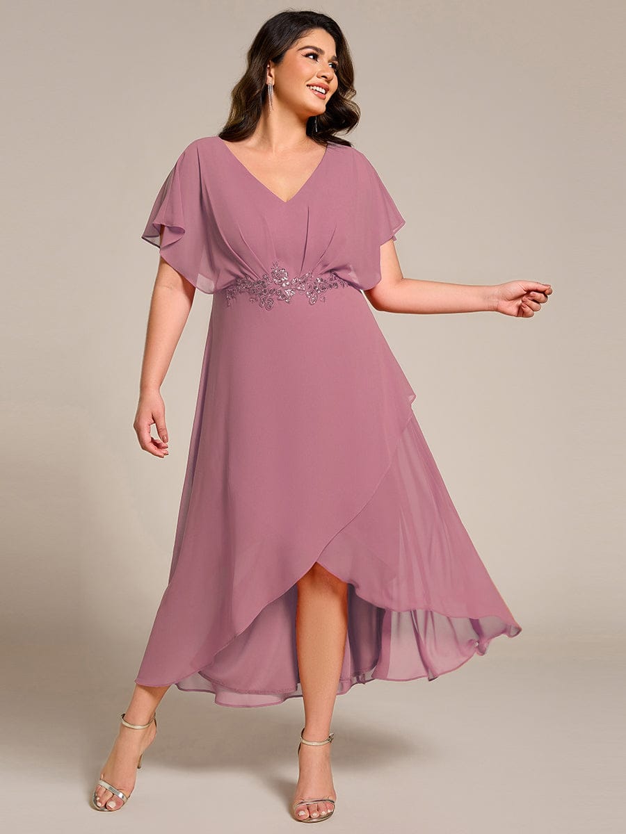 ever LILAS|Waist Applique A-Line Chiffon V-Neck Wedding Guest Dress