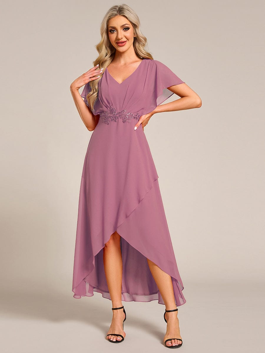 ever LILAS|Waist Applique A-Line Chiffon V-Neck Wedding Guest Dress