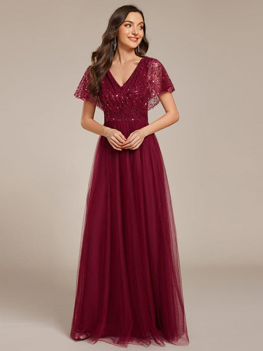 ever NAVEYA|A-Line Short Sleeve Tulle Evening Dress with Sequin Embellishments (Final Sale)