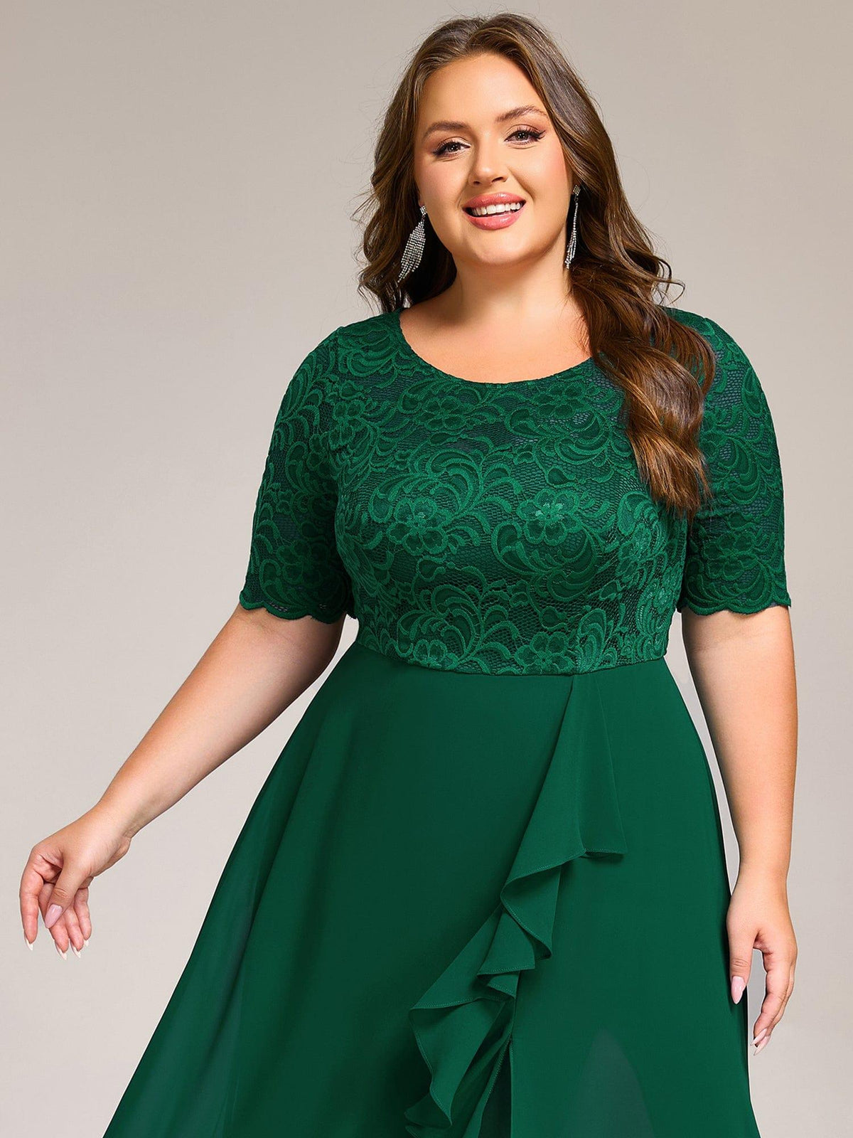pretty NYLA|Plus Size Lace Top Short Sleeve Split Round Neck Evening Dress