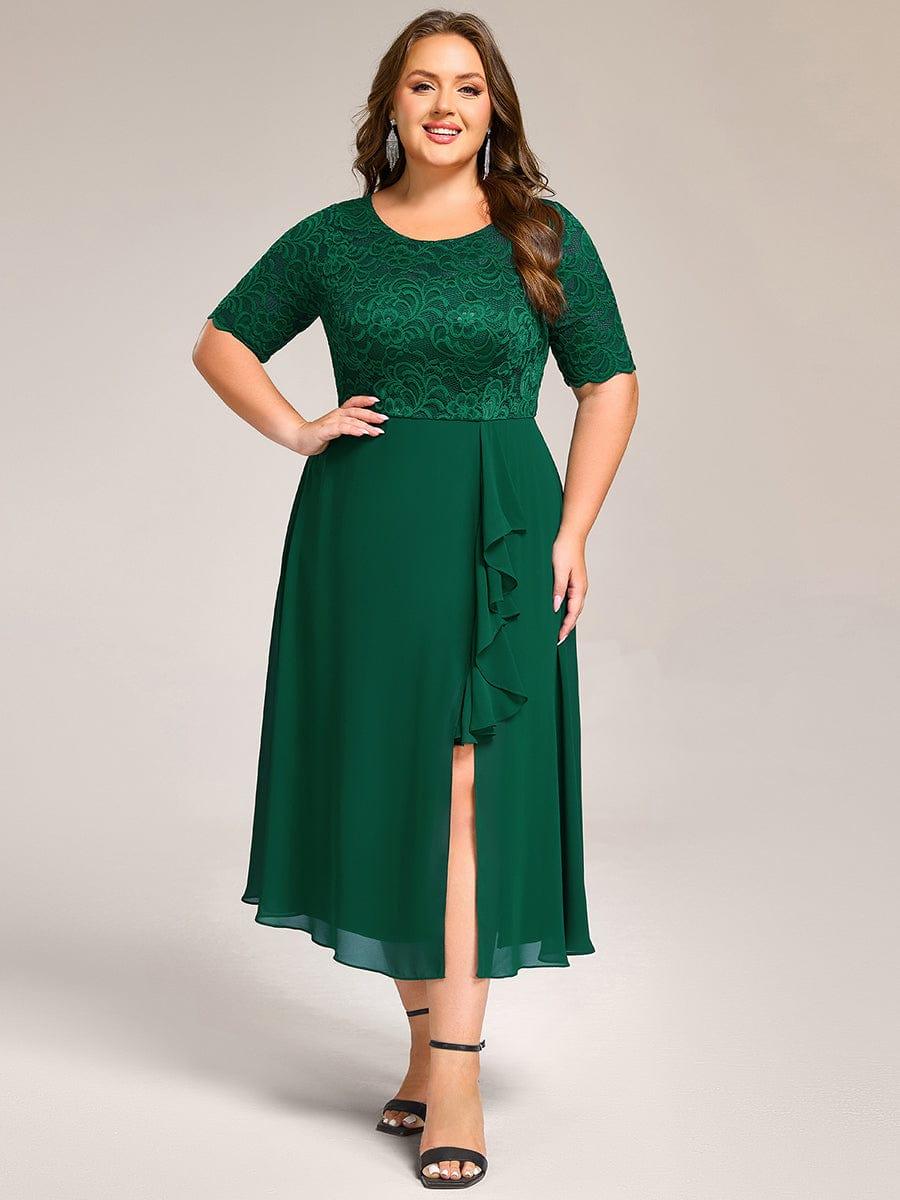 pretty NYLA|Plus Size Lace Top Short Sleeve Split Round Neck Evening Dress
