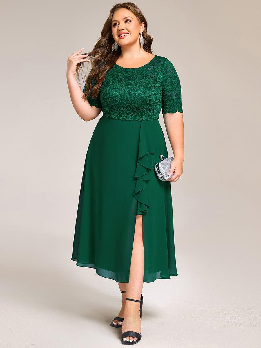 pretty NYLA|Plus Size Lace Top Short Sleeve Split Round Neck Evening Dress