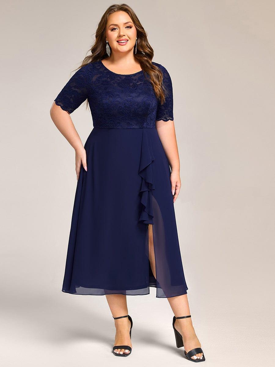 pretty NYLA|Plus Size Lace Top Short Sleeve Split Round Neck Evening Dress
