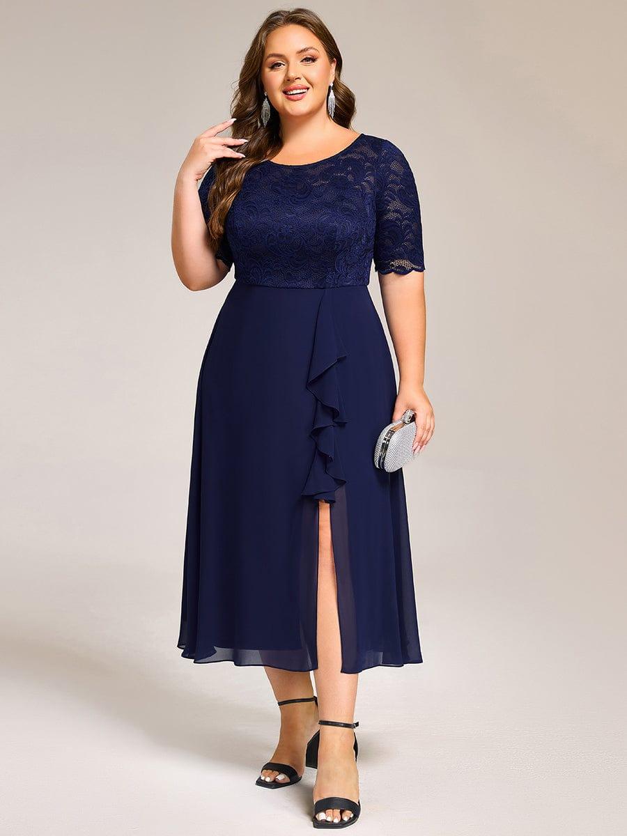 pretty NYLA|Plus Size Lace Top Short Sleeve Split Round Neck Evening Dress