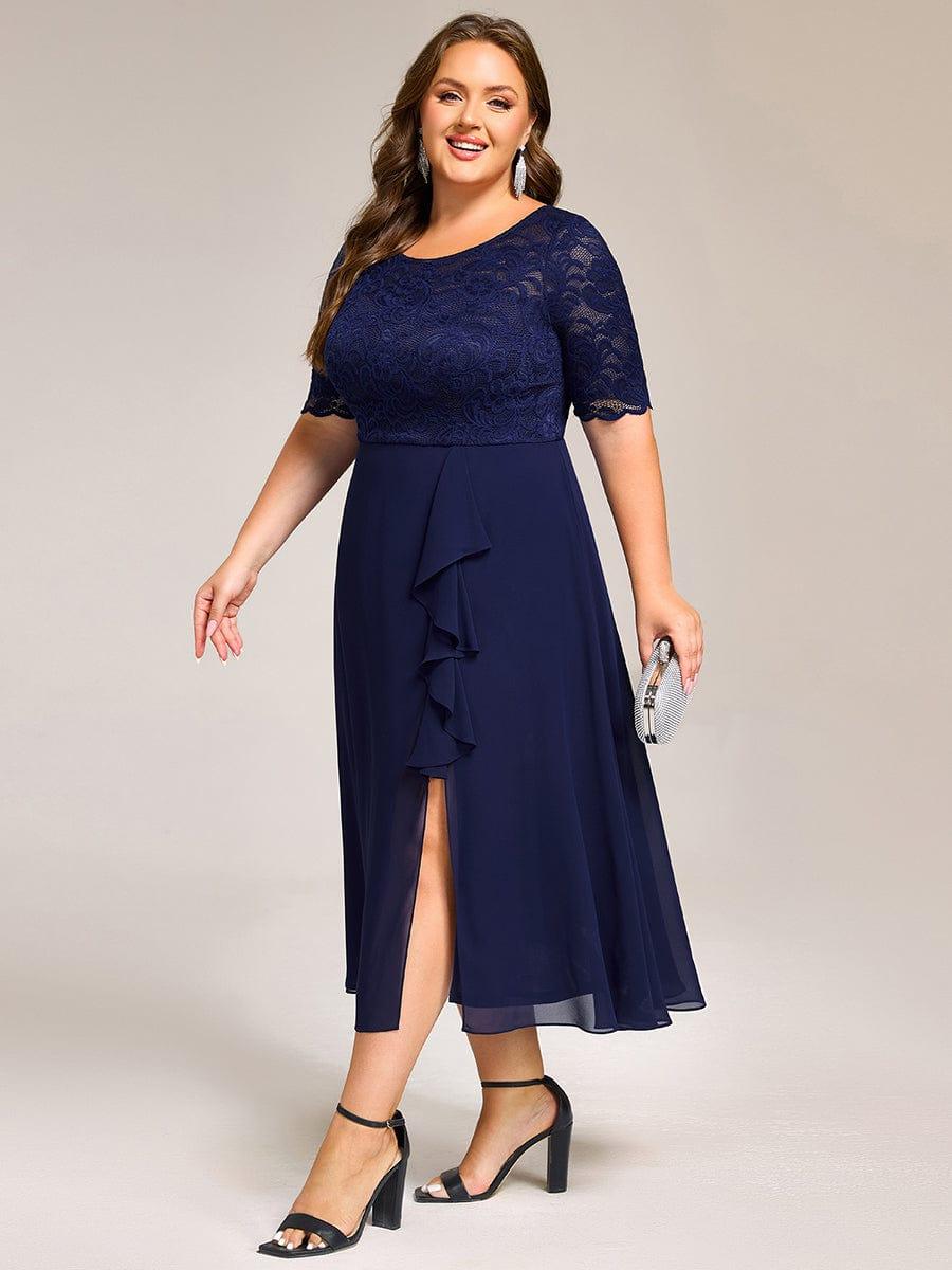 pretty NYLA|Plus Size Lace Top Short Sleeve Split Round Neck Evening Dress