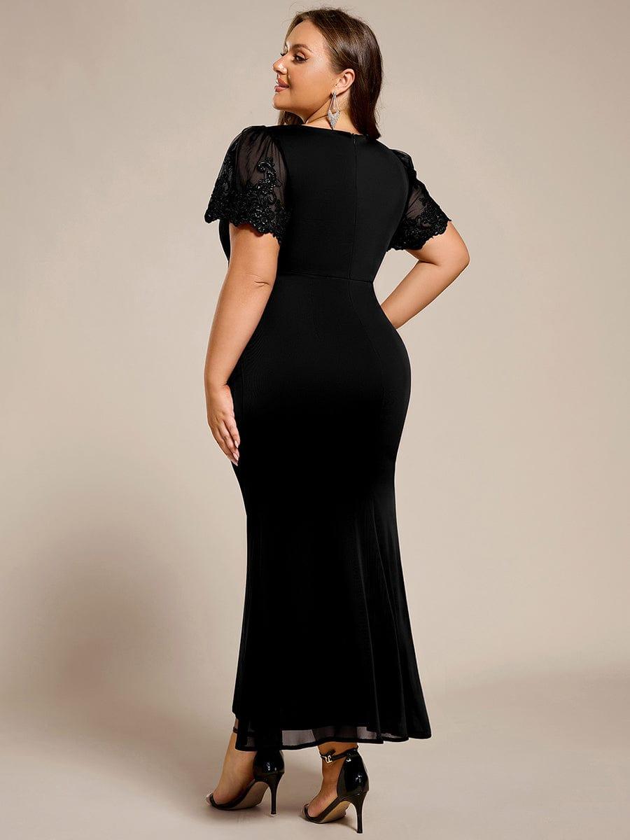 pretty CLEO|Plus Size Short Sleeve Ruffled Fishtail V-Neck Evening Dress