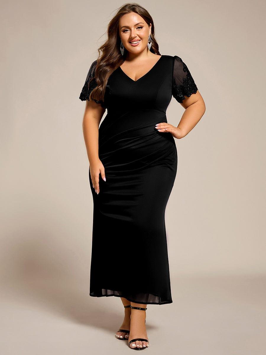 pretty CLEO|Plus Size Short Sleeve Ruffled Fishtail V-Neck Evening Dress