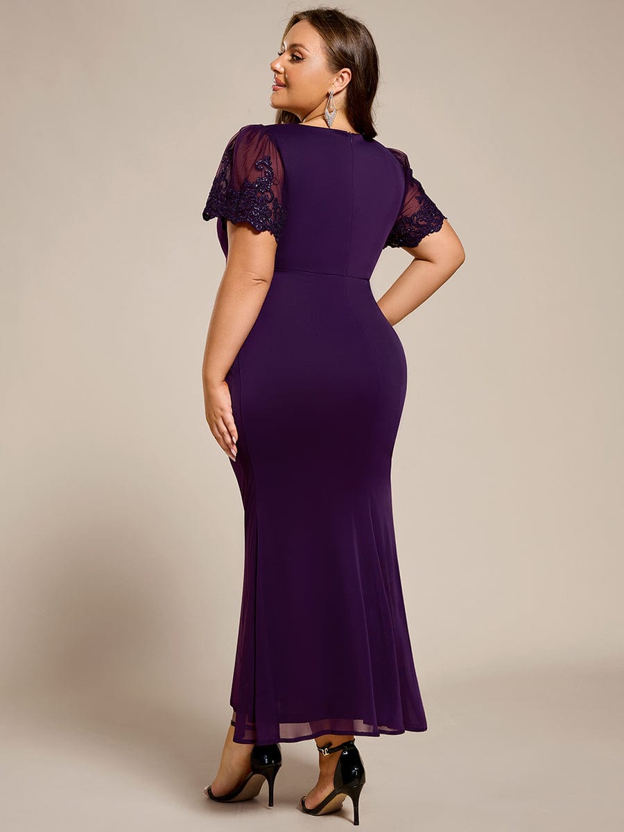 pretty CLEO|Plus Size Short Sleeve Ruffled Fishtail V-Neck Evening Dress