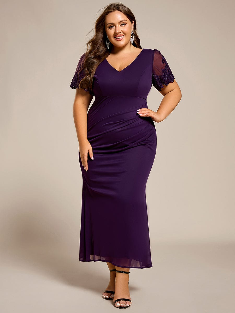 pretty CLEO|Plus Size Short Sleeve Ruffled Fishtail V-Neck Evening Dress