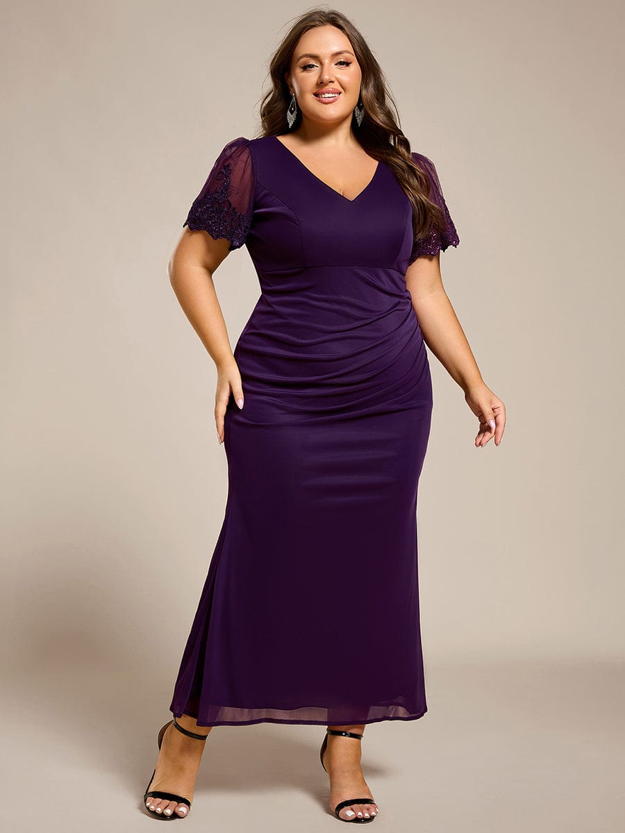pretty CLEO|Plus Size Short Sleeve Ruffled Fishtail V-Neck Evening Dress