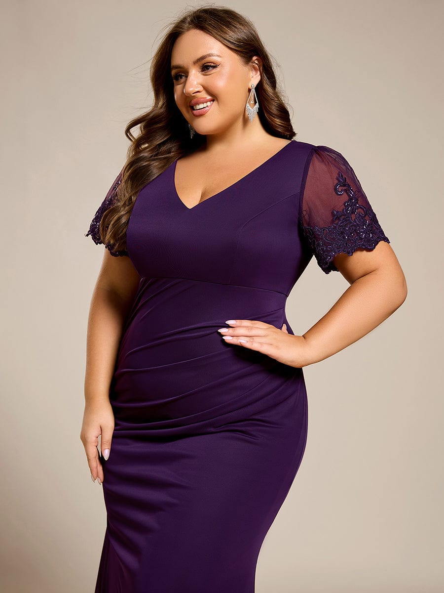 pretty CLEO|Plus Size Short Sleeve Ruffled Fishtail V-Neck Evening Dress