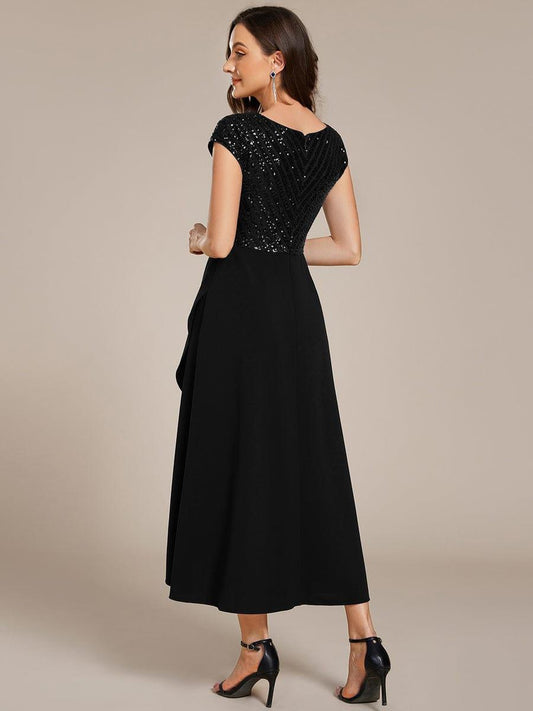 ever BAYLOR|Short Sleeve Sequin Asymmetrical Midi Evening Dress