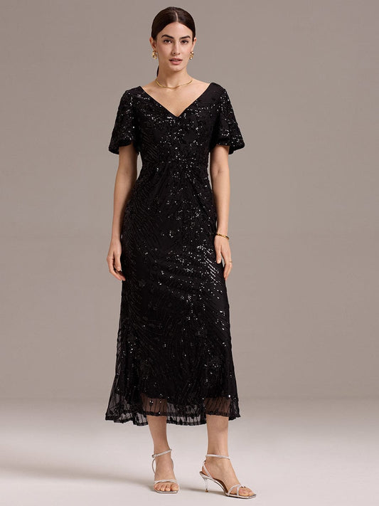 ever PALMER|Sequin Ruffle Sleeve Evening Dress
