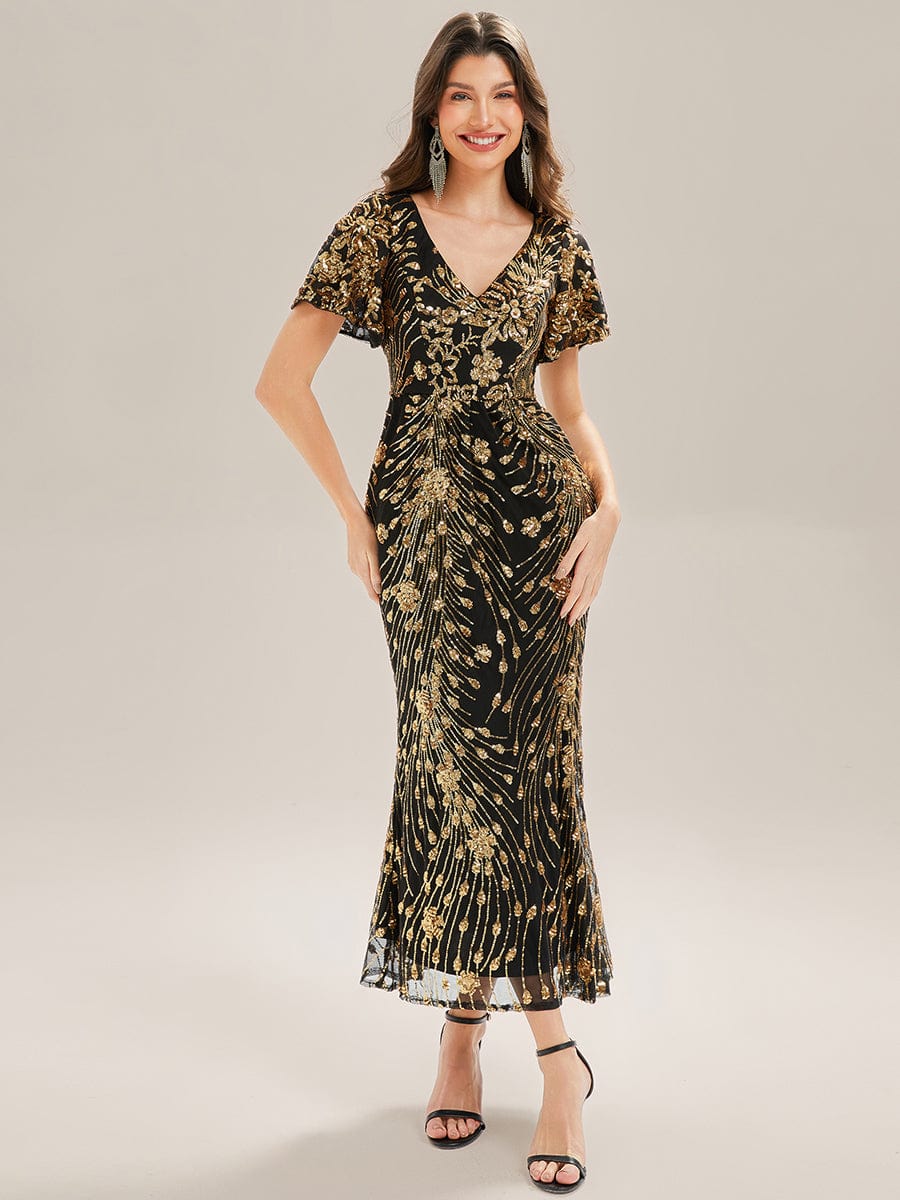 ever PALMER|Sequin Ruffle Sleeve Evening Dress