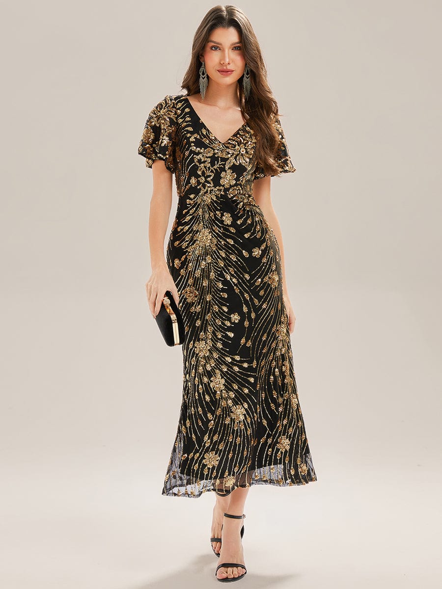 ever PALMER|Sequin Ruffle Sleeve Evening Dress