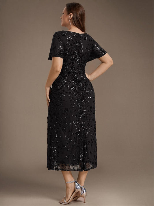 pretty PALMER|Plus Size Sequin Ruffle Sleeve Evening Dress
