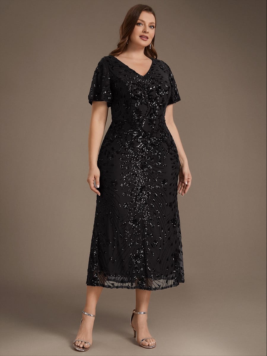 ever PALMER|Sequin Ruffle Sleeve Evening Dress