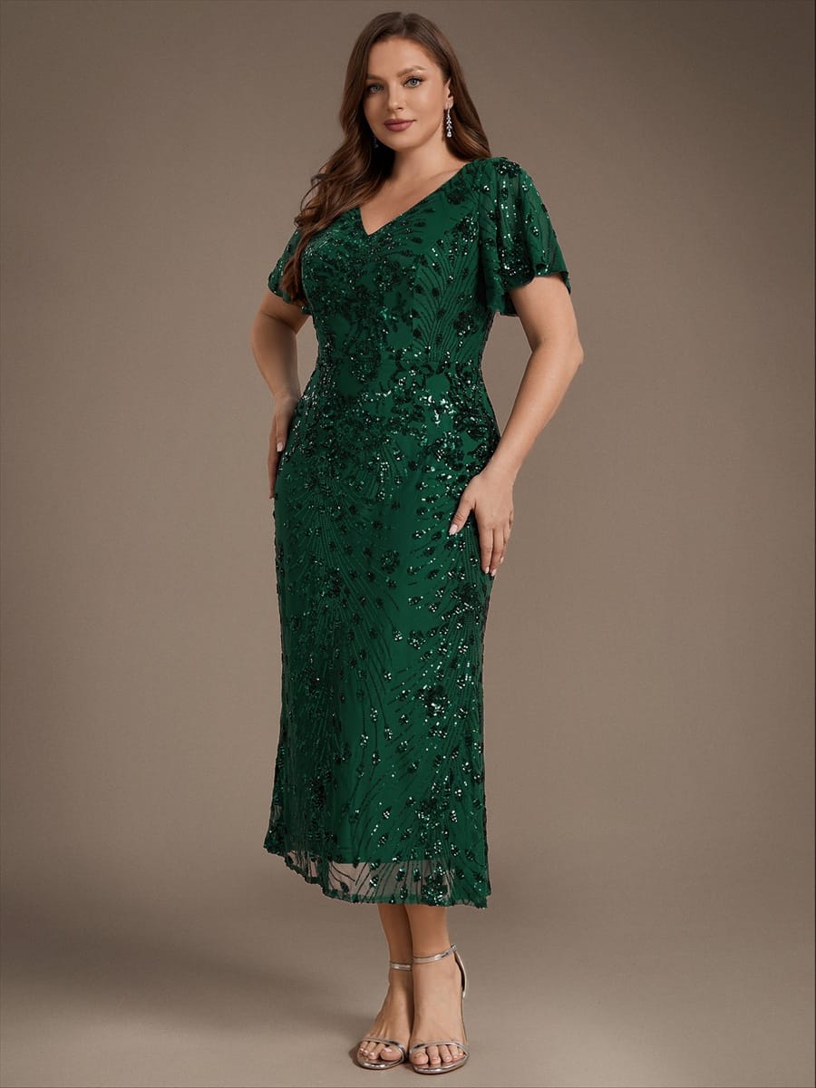 ever PALMER|Sequin Ruffle Sleeve Evening Dress