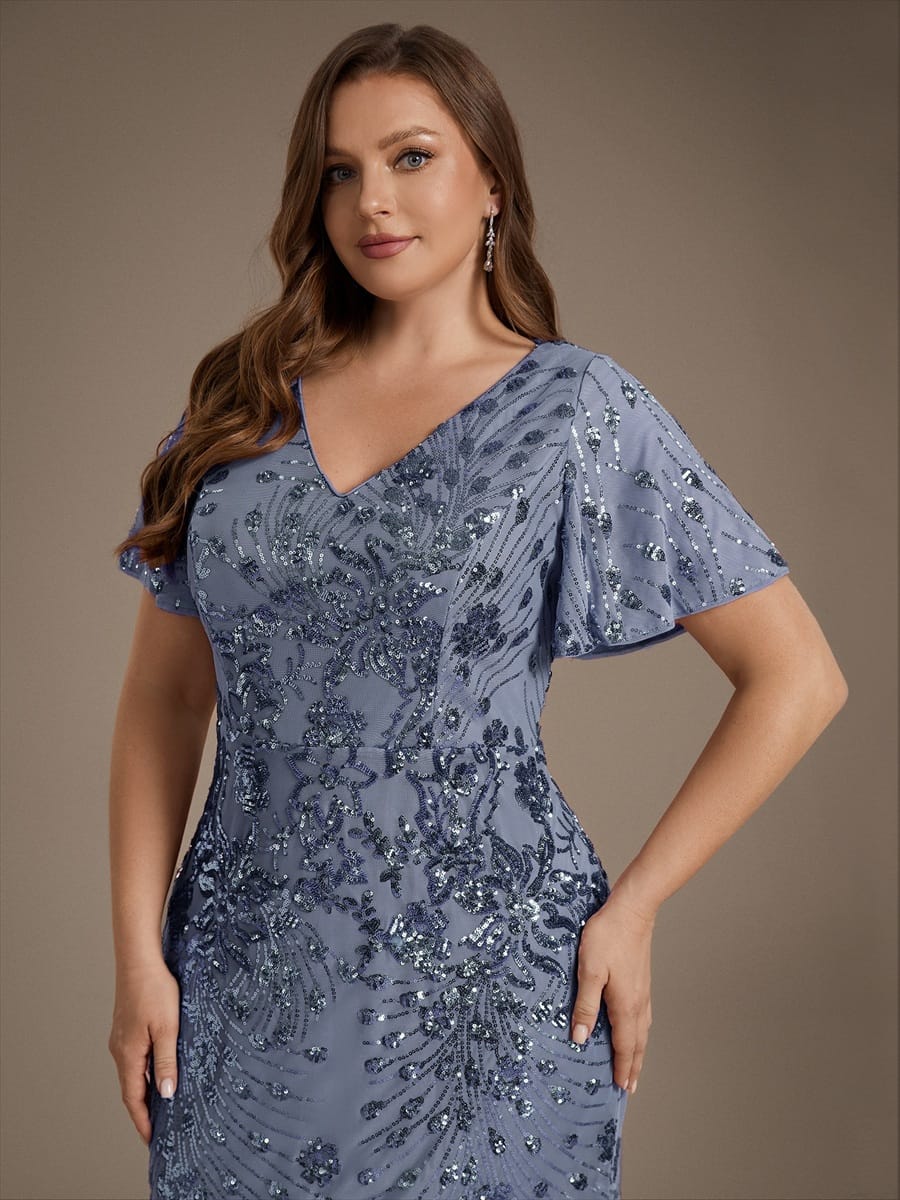 ever PALMER|Sequin Ruffle Sleeve Evening Dress