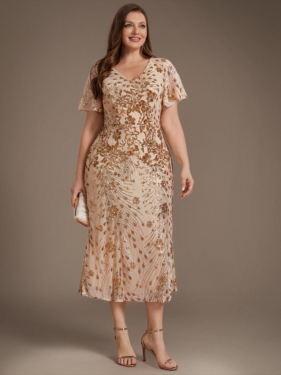 ever PALMER|Sequin Ruffle Sleeve Evening Dress
