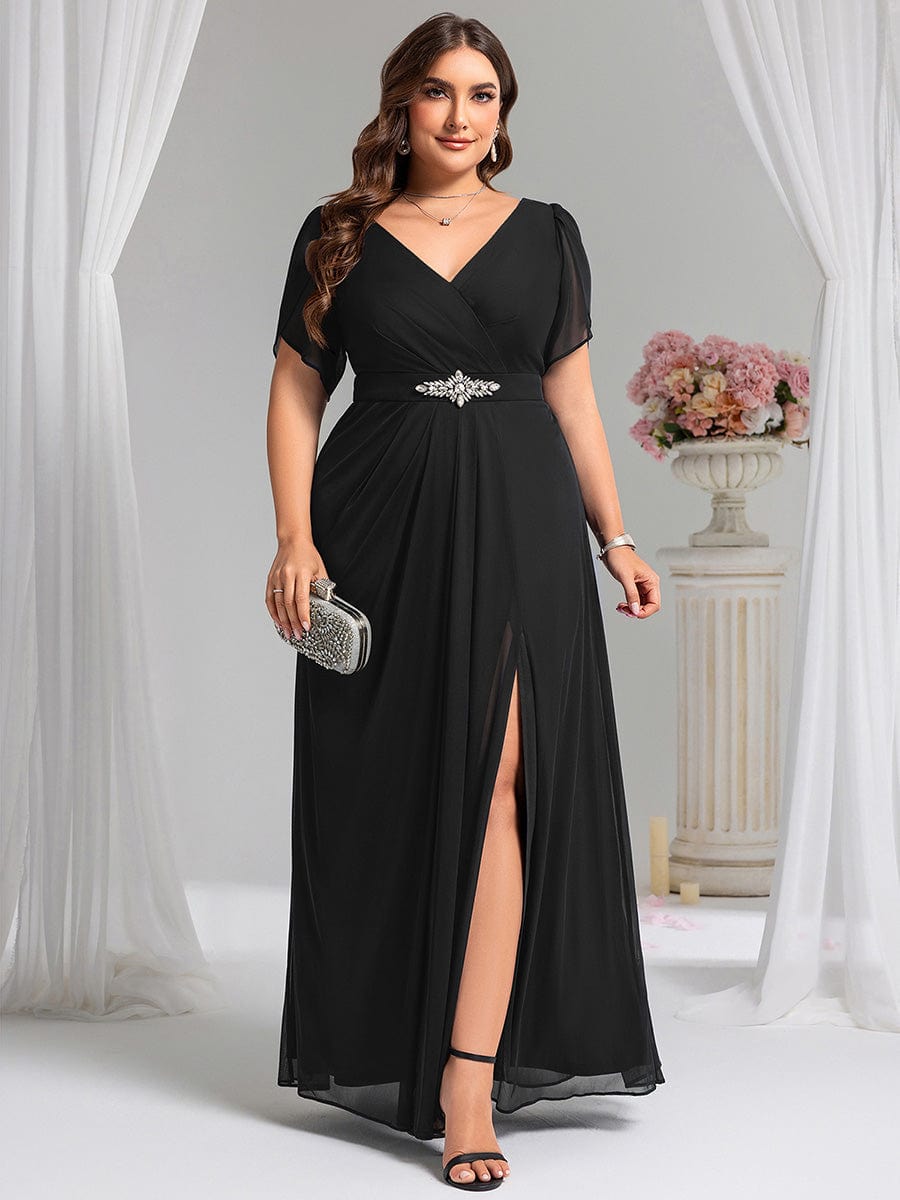 ever NOAH|Rhinestone Embellished Chiffon Ruffle Sleeve Mother of the Bride Dress (Final Sale)