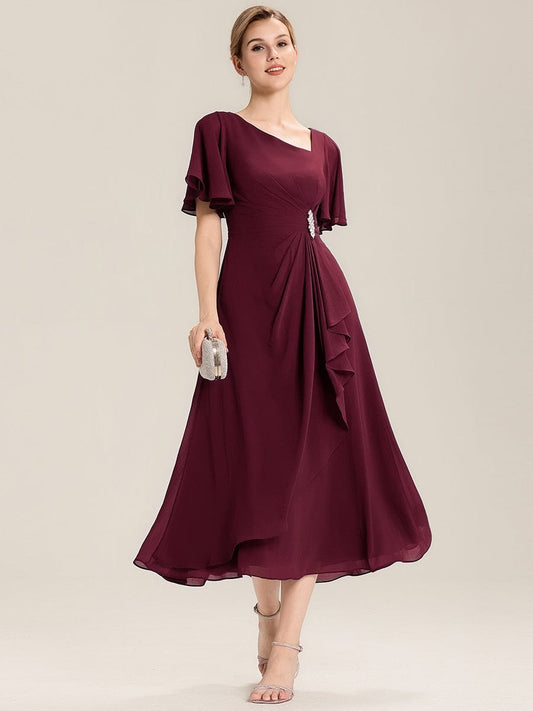 ever LILOU|Rhinestone Embellished Chiffon Ruffle Sleeve Evening Dress