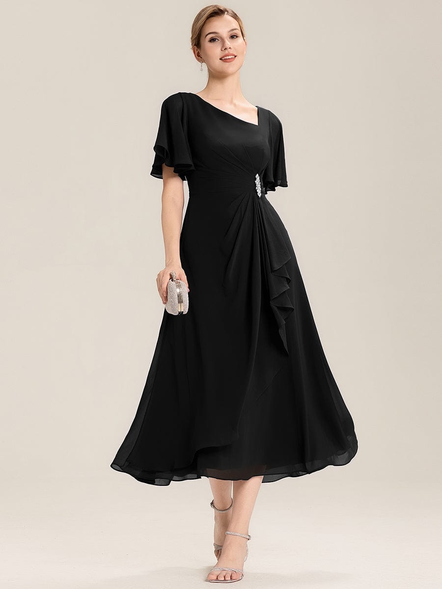 ever LILOU|Rhinestone Embellished Chiffon Ruffle Sleeve Mother of the Bride Dress