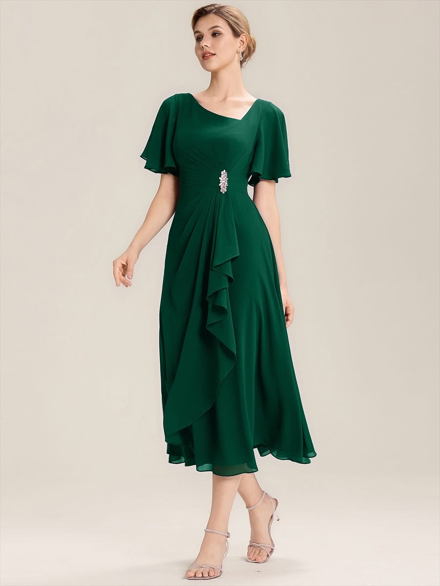 ever LILOU|Rhinestone Embellished Chiffon Ruffle Sleeve Mother of the Bride Dress