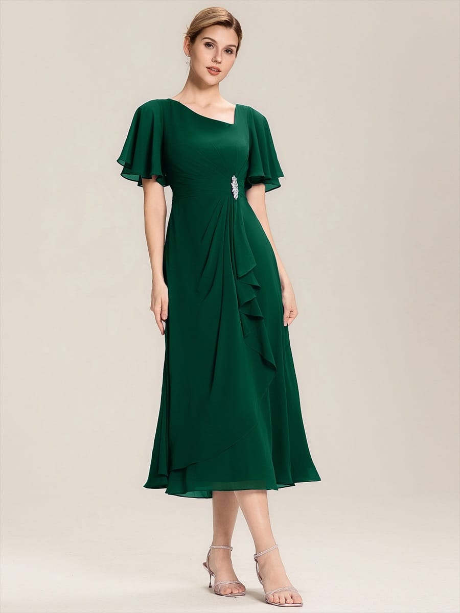 ever LILOU|Rhinestone Embellished Chiffon Ruffle Sleeve Mother of the Bride Dress