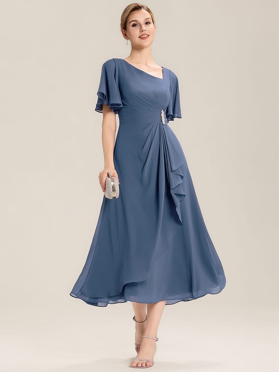 ever LILOU|Rhinestone Embellished Chiffon Ruffle Sleeve Mother of the Bride Dress