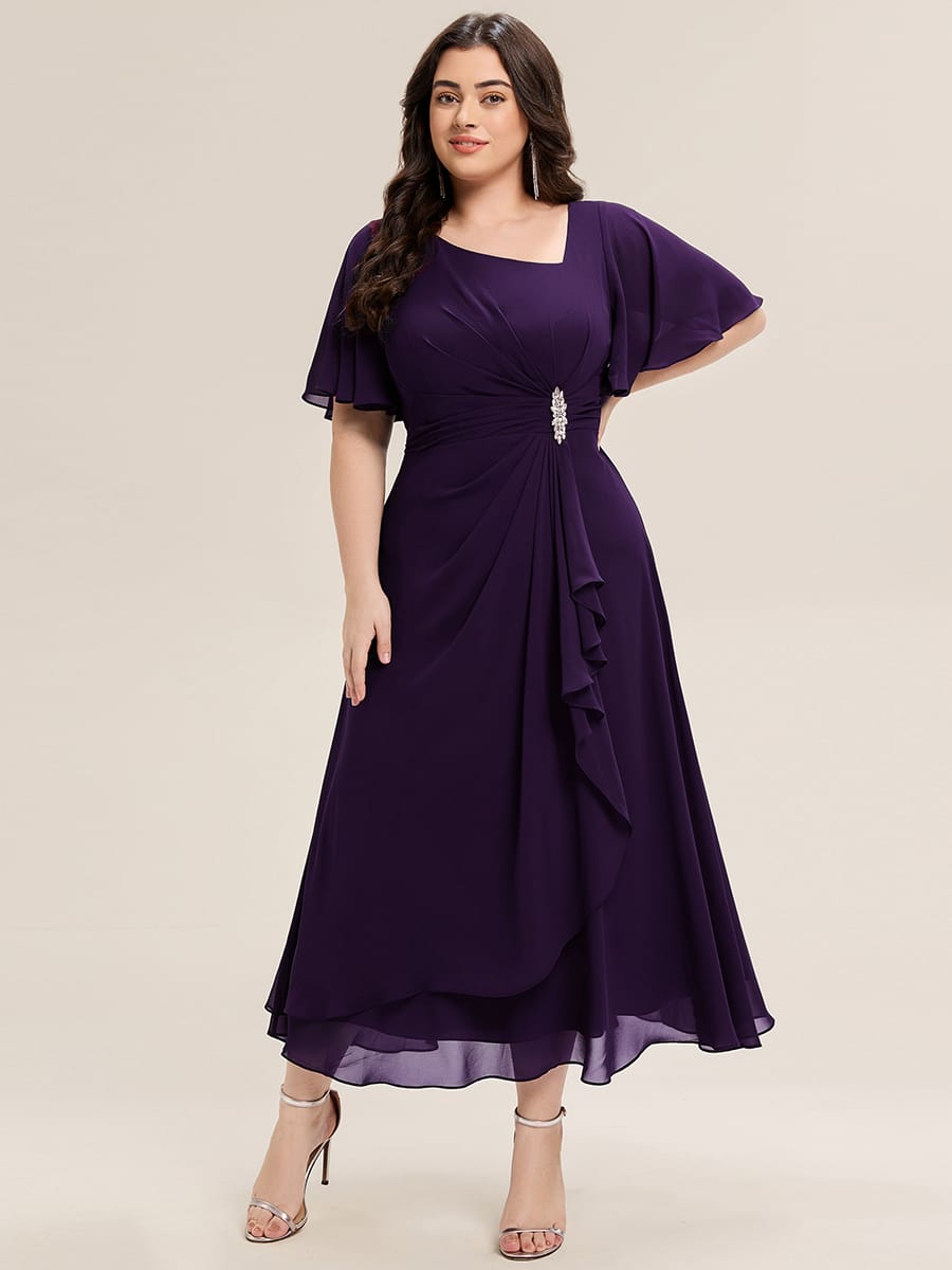 ever LILOU|Rhinestone Embellished Chiffon Ruffle Sleeve Mother of the Bride Dress