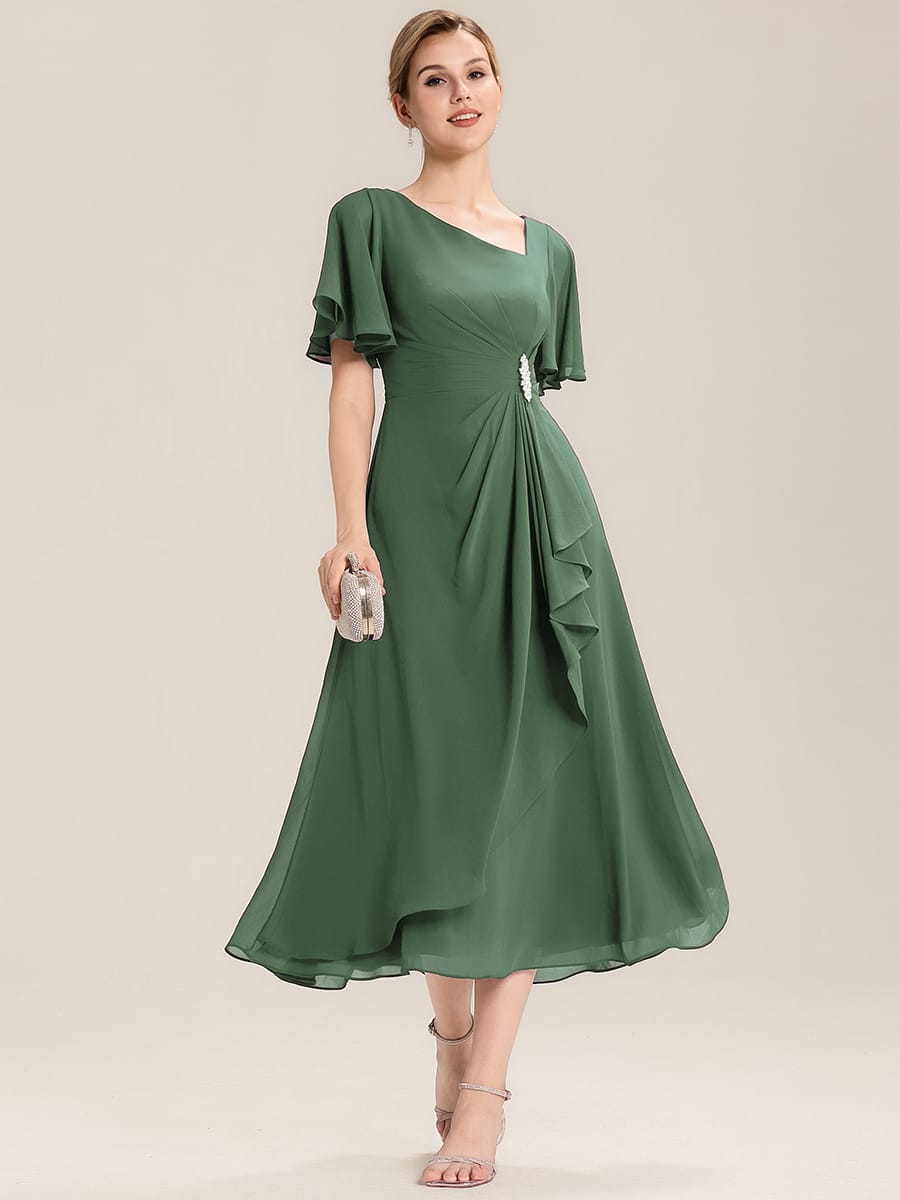 ever LILOU|Rhinestone Embellished Chiffon Ruffle Sleeve Mother of the Bride Dress
