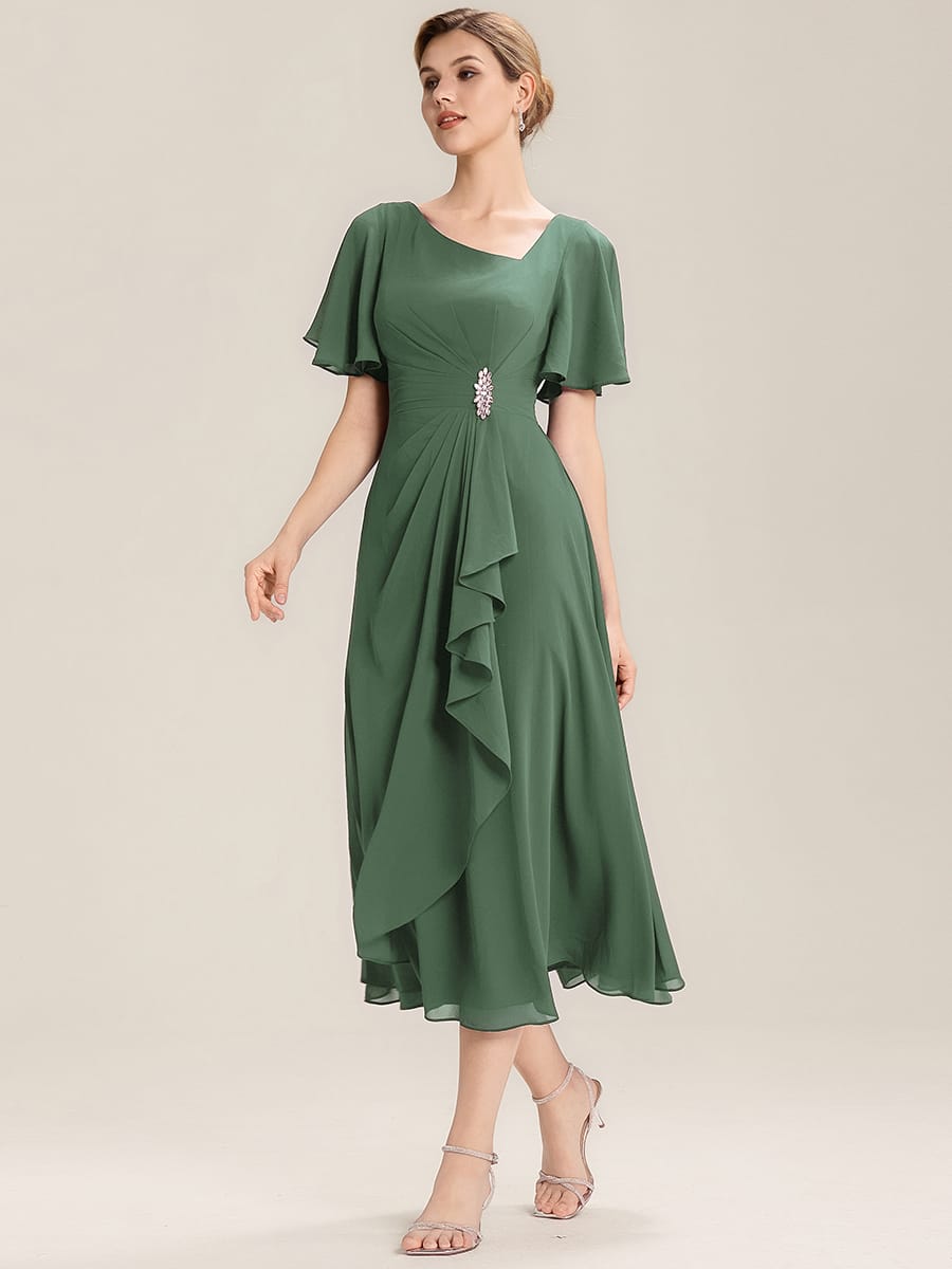 ever LILOU|Rhinestone Embellished Chiffon Ruffle Sleeve Mother of the Bride Dress