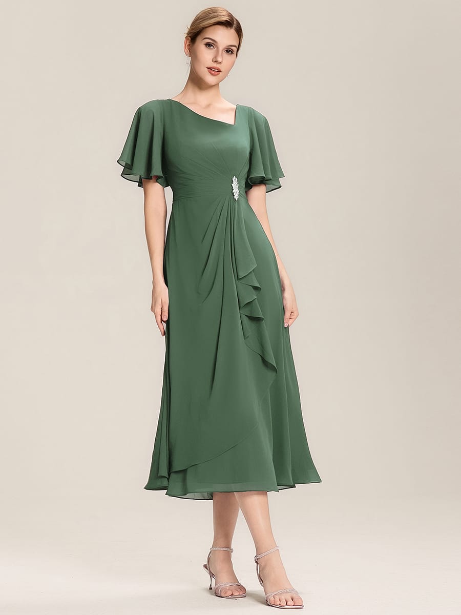 ever LILOU|Rhinestone Embellished Chiffon Ruffle Sleeve Mother of the Bride Dress