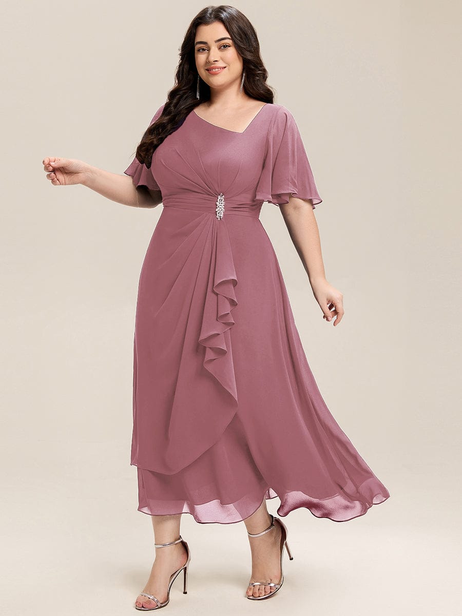 ever LILOU|Rhinestone Embellished Chiffon Ruffle Sleeve Mother of the Bride Dress