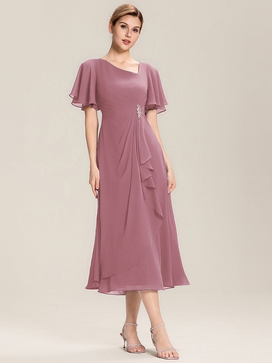 ever LILOU|Rhinestone Embellished Chiffon Ruffle Sleeve Mother of the Bride Dress