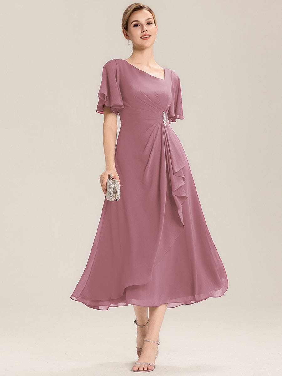 ever LILOU|Rhinestone Embellished Chiffon Ruffle Sleeve Mother of the Bride Dress