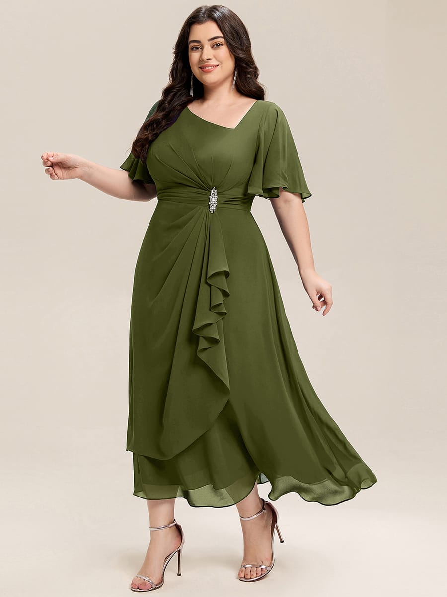ever LILOU|Rhinestone Embellished Chiffon Ruffle Sleeve Mother of the Bride Dress