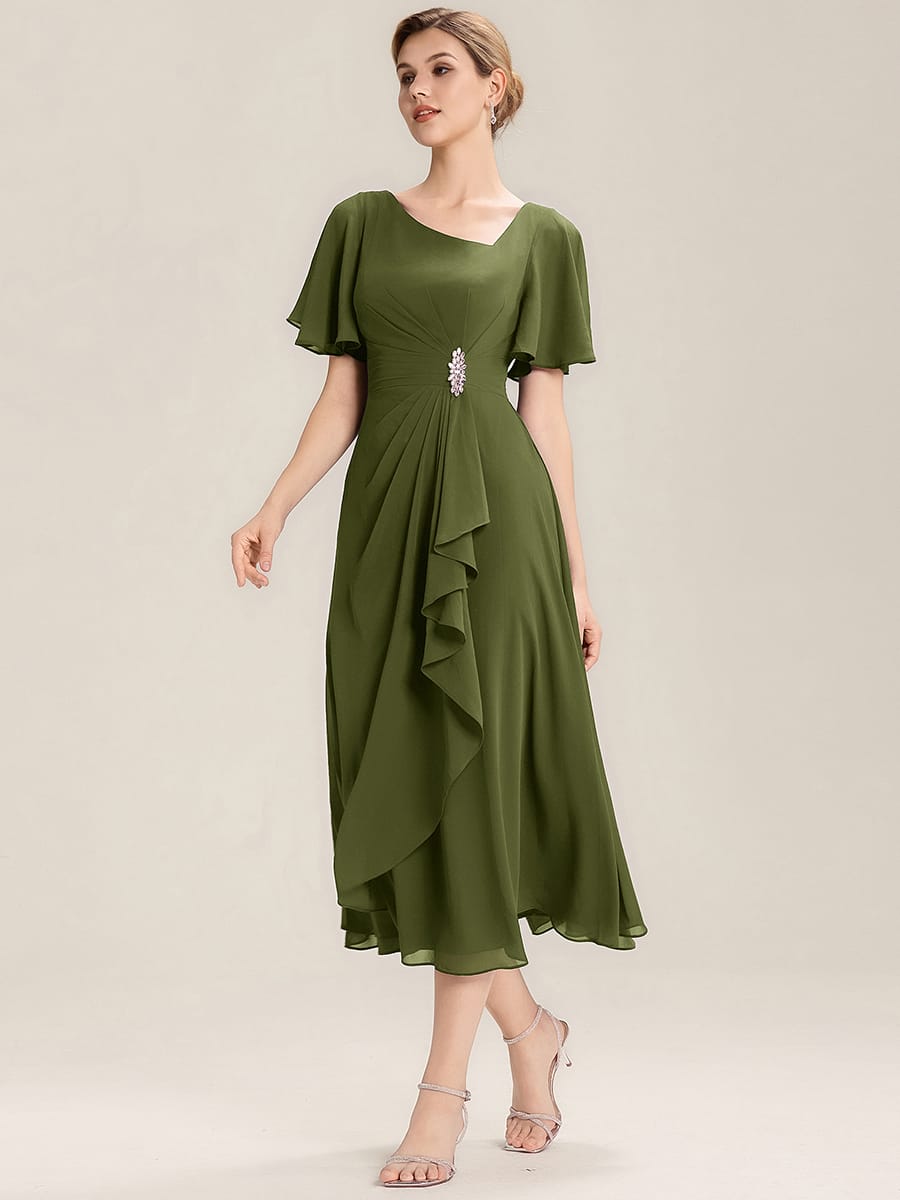 ever LILOU|Rhinestone Embellished Chiffon Ruffle Sleeve Mother of the Bride Dress