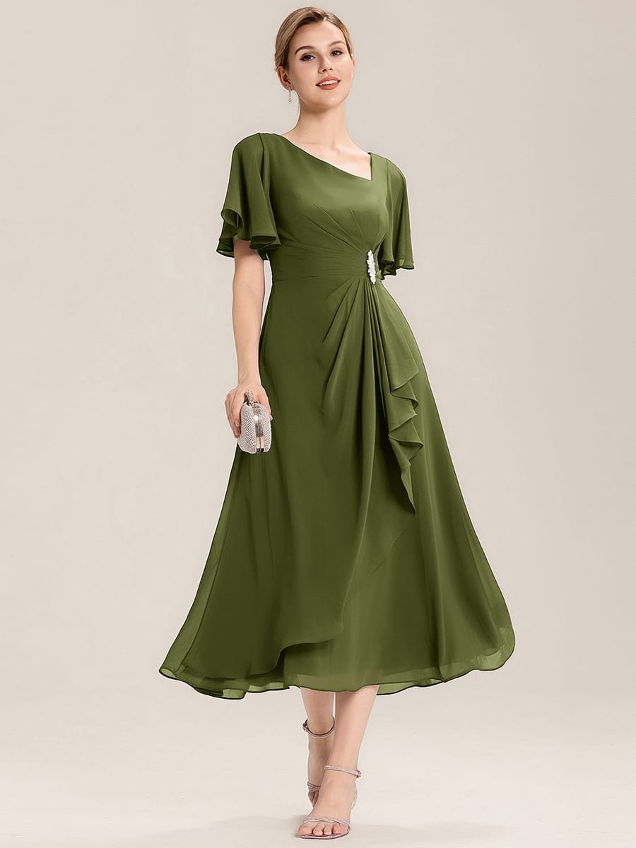 ever LILOU|Rhinestone Embellished Chiffon Ruffle Sleeve Mother of the Bride Dress