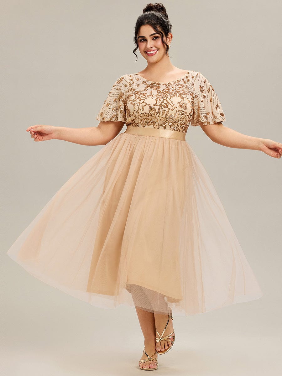 Round Neck Sequin Tulle Midi Evening Dress