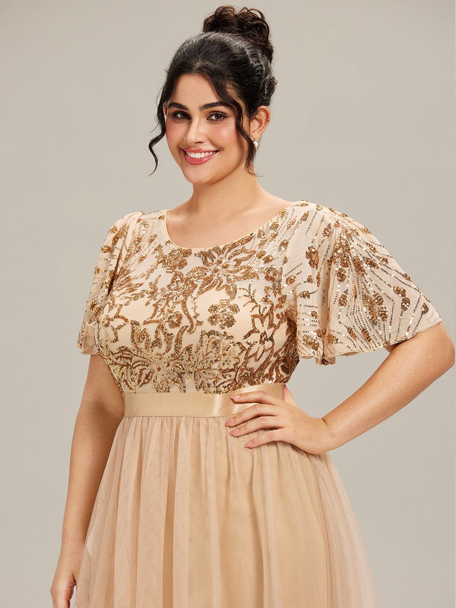 Round Neck Sequin Tulle Midi Evening Dress