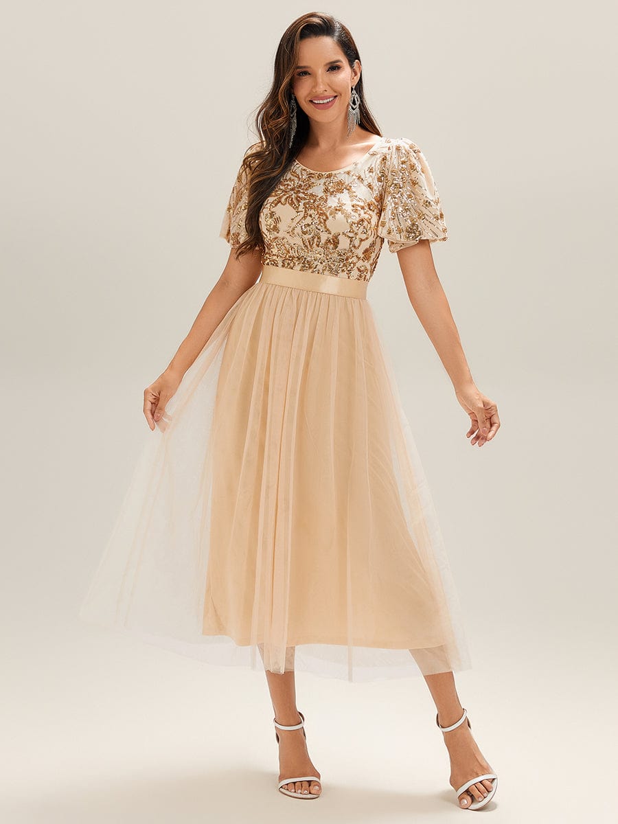 Round Neck Sequin Tulle Midi Evening Dress