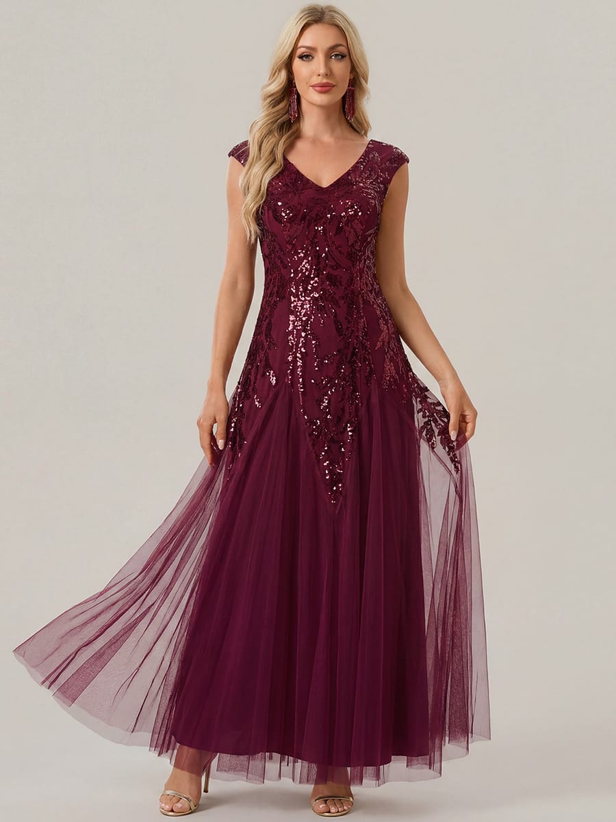 ever FREYA| Floral Sequin A Line Maxi Evening Dress with V-Neck