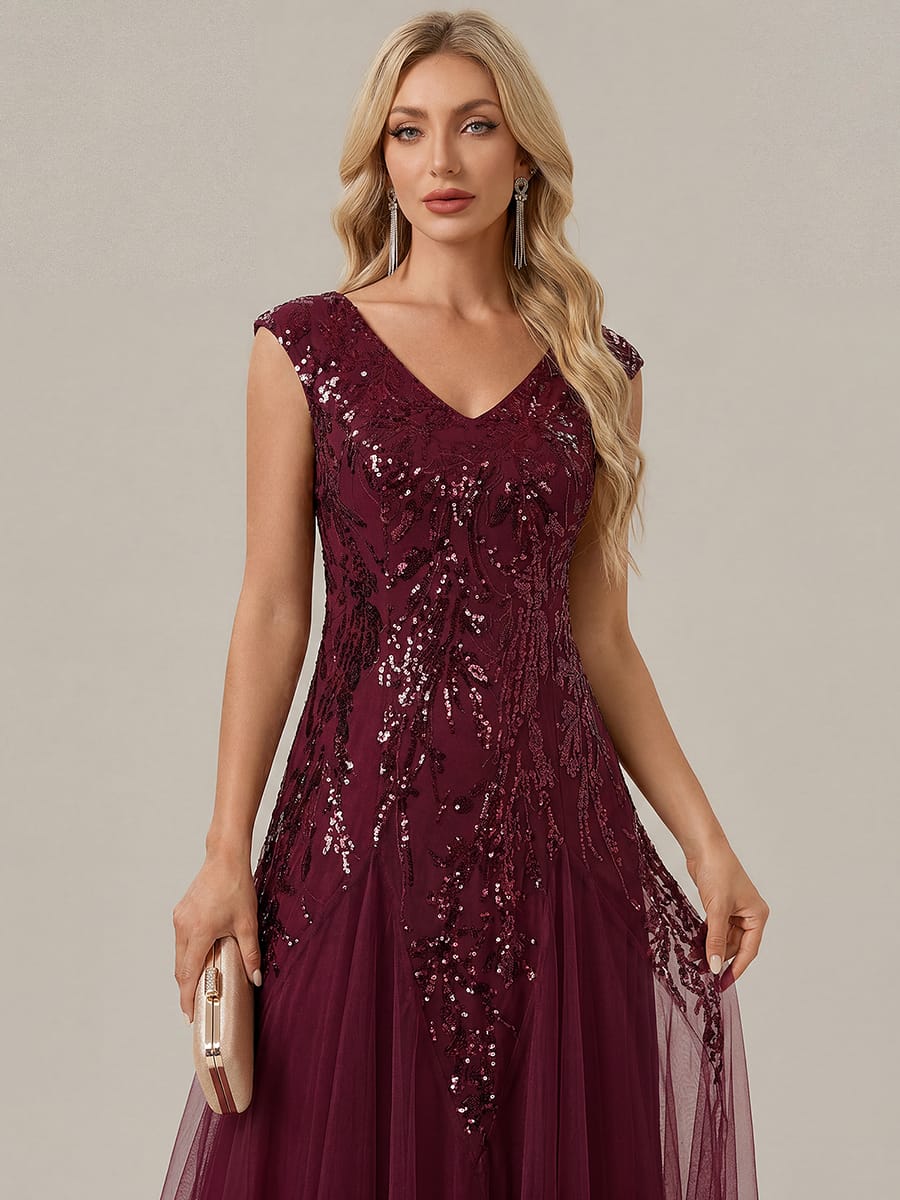 ever FREYA| Floral Sequin A Line Maxi Mother of the Bride Dress with V-Neck